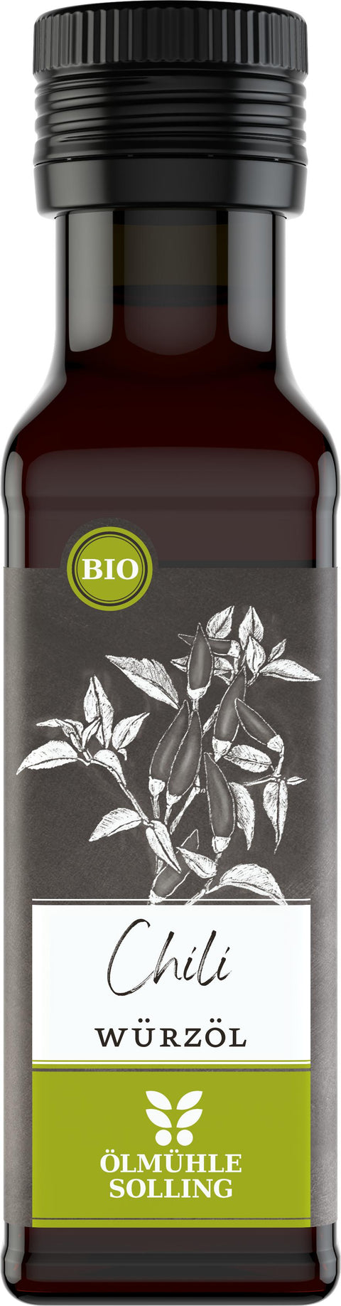 Bio Chili Würzöl 100 ml Ölmühle Solling, Braunglasflasche mit grünem Etikett
