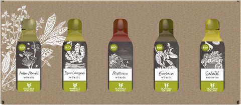 Würzige Renner Geschenkset der Ölmühle Solling, Kaffee Mandel, Ingwer Lemongrass, Mediterranes Würzöl, Basilikum, Salatöl fruchtig