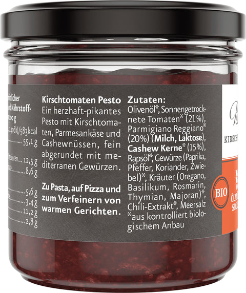 Bio Kirschtomaten Pesto Etikett mit Beschreibung