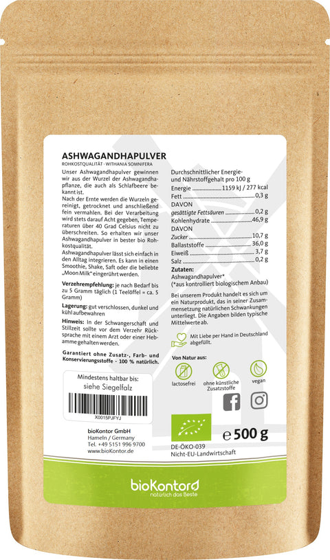 Ashwagandha Pulver Nährwerte und Verzehrempfehlung bio 500 g