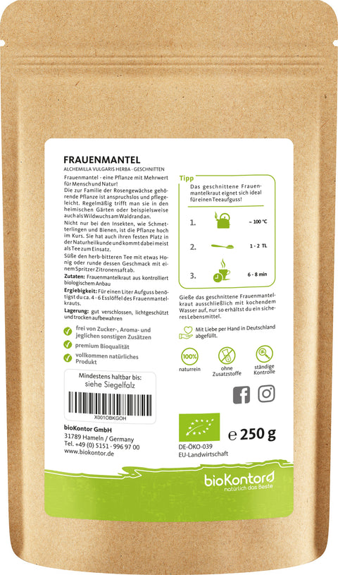 Bio Frauenmanteltee 250 g, Doypack mit Verzehrempfehlung