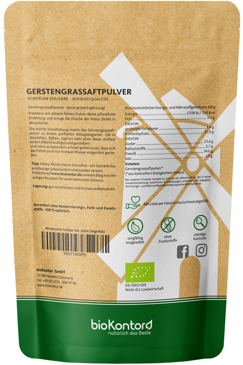Bio Gerstengrassaftpulver Doypack mit Näjrwerten und Verzehrempfehlung