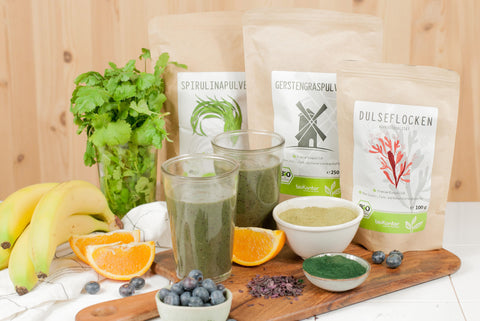 Heavy Metal Detox Smoothie Set nach Anthony William - BIO GerstengrasSAFTpulver 100 g, Wildheidelbeerpulver 200 g, Spirulinapulver 250 g, Dulseflocken 50 g
