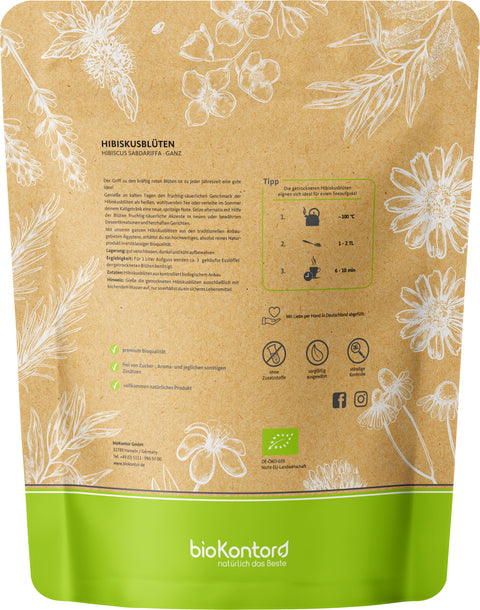 Bio Hibiskusblüten im Doypack mit Verzehrempfehlung und Informationen zum Produkt