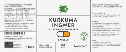 Kurkuma Ingwer Kapseln bio vegan  180 Stück