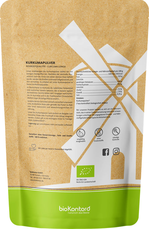 Kurkumapulver Doypack in Papieroptik mit Nährwertangaben und Informationen zu Kurkumapulver
