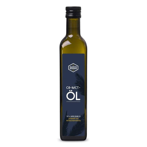 Bio C8 MCT Öl native Goods in 500 ml Braunglasflasche mit blauem Etikett