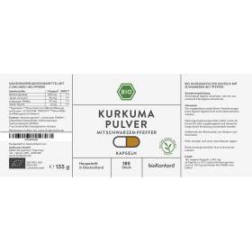 Bio Kurkuma Kapseln mit schwarzem Pfeffer 450 Kapseln, Etikett mit Zutaten, Verzehrempfehlung, Tagesdosis
