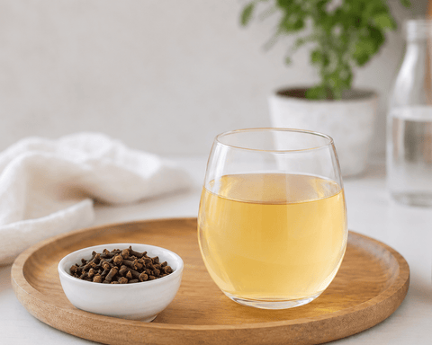 Eine Tasse Nelkentee und eine Schale Bio Nelken von bioKontor auf einem Servierbrett
