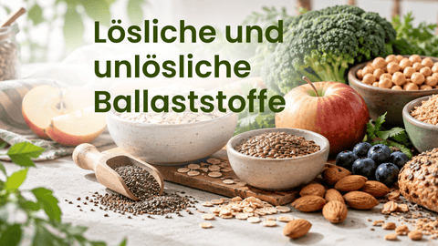 Küchentisch mit ballaststoffreichen Lebensmitteln wie Vollkorn, Gemüse und Nüssen