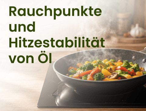 Pfanne auf einem Herd mit der Überschrift "Rauchpunkte und Hitzestabilität von Öl"
