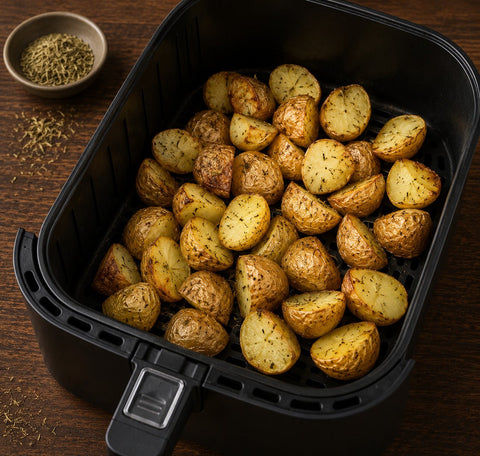 zubereitete bio Rosmarinkartoffeln im Airfryer Korb