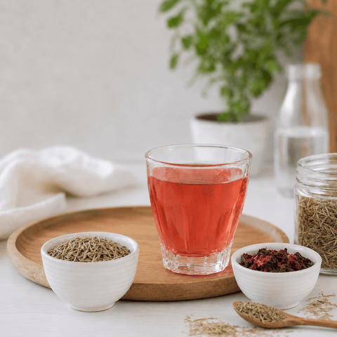zubereiteter bio Rosmarin-Hibiskusblüten-Tee im Glas von bioKontor