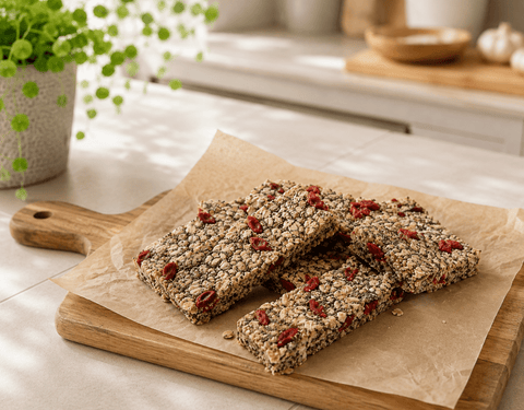 Rezeptbild von Müsliriegeln mit bio Chiasamen und bio Goji Beeren auf einem Schneidebrett
