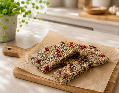 Rezeptbild von Müsliriegeln mit bio Chiasamen und bio Goji Beeren auf einem Schneidebrett