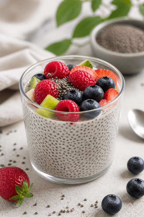 Chia Pudding im Glas mit frischen Beeren und Kiwi