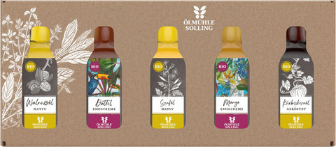 Öl und Essig Renner Set 5x 20 ml Probierflaschen, Walnussöl, Dattel Essigcreme, Senföl, Mango Essigcreme, Kürbiskernöl 