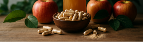 rote Äpfel natutrüber Apfelsaft und lose Apfelessig Kapseln in einer Schale