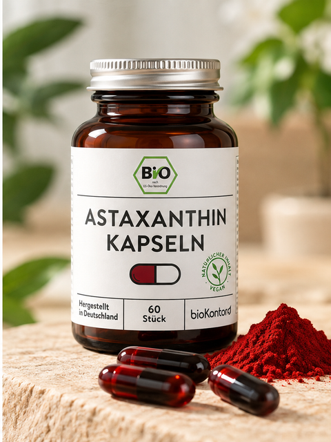 Astaxanthin Kapseln mit rotem Pulver und Glaspacker von bioKontor