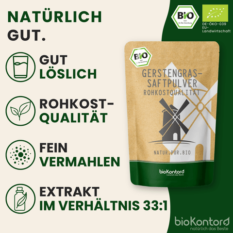Produkteigenschaften des bio Gerstengrassaftpulvers von bioKontor