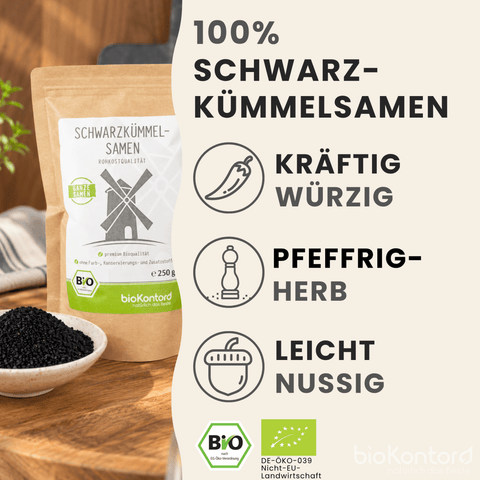 Geschmack der bio Schwarzkümmelsamen von bioKontor: kräftig würzig, pfeffrig-herb und leicht nussig