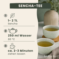 einfaches Teerezept für bio Sencha Tee von bioKontor: 1-2 Teelöffel des Sencha-Tees mit 250 ml heißem Wasser aufschütten und 2-3 Minuten ziehen lassen, fertig!