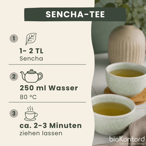 einfaches Teerezept für bio Sencha Tee von bioKontor: 1-2 Teelöffel des Sencha-Tees mit 250 ml heißem Wasser aufschütten und 2-3 Minuten ziehen lassen, fertig!