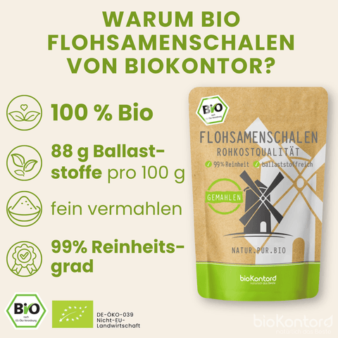 Produkteigenschaften der gemahlenen bio Flohsamenschalen von bioKontor