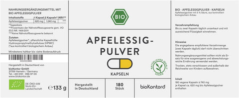Bio Apfelessigpulver Kapseln 180 Stück vegan mit 5 % Säure 