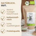 Eigenschaften der bio Flohsamen von bioKontor:
dezent nussiger Geschmack, ballaststoffreich, hohe Quellfähigkeit, Proteinquelle