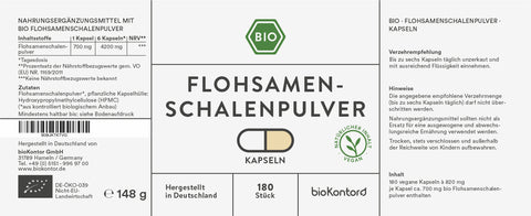 Flohsamenschalen Pulver Kapseln 180 Stück vegan bio Verzehrempfehlung 