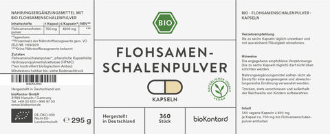 Flohsamenschalen Pulver Kapseln bio vegan 360 Stück Verzehrempfehlung