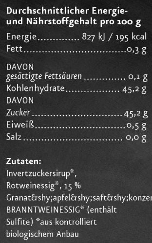 Nährwertangaben bio Granatapfelkern Essigcreme der Ölmühle Solling