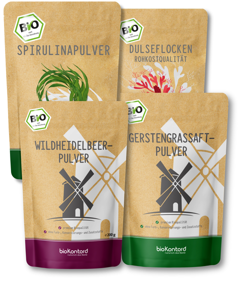 Heavy Metal Detox Smoothie Set nach Anthony William - BIO GerstengrasSAFTpulver 100 g, Wildheidelbeerpulver 200 g, Spirulinapulver 250 g, Dulseflocken 50 g - bioKontor