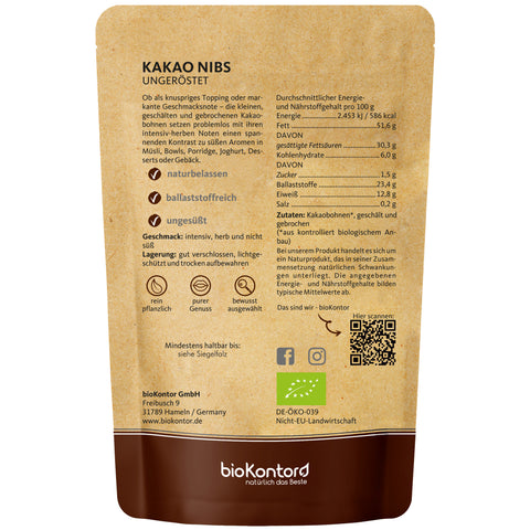Bio Kakaonibs Verpackung mit Verzehrempfehlung und Nährwertangaben von bioKontor