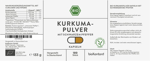 Kurkuma Kapseln bio vegan 180 Stück Verzehrempfehlung