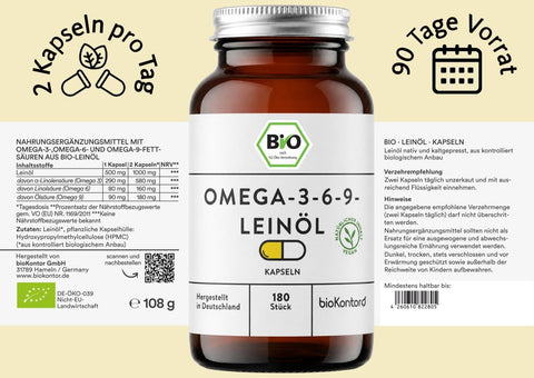 Bio Leinöl Kapseln Etikett mit Inhaltsstoffen und Verzehrempfehlung von  bioKontor