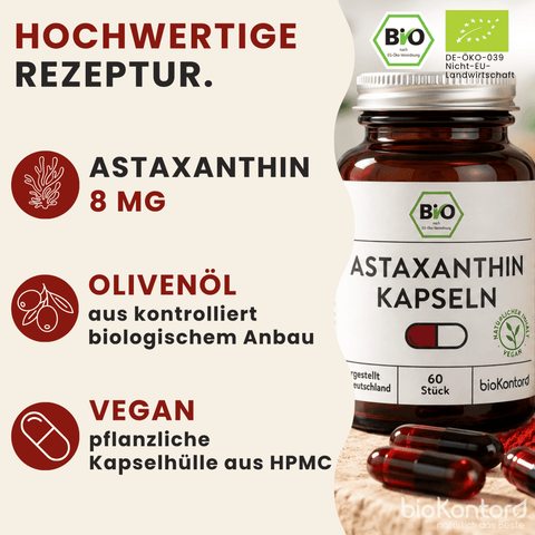 bioKontor Bio Astaxanthin Kapseln vegan – 8 mg Astaxanthin und Olivenöl