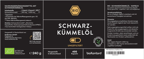 Bio Schwarzkuemmeloel Kapseln 400 Kapseln UNGEFILTERT Verzehrempfehlung und Inhaltsstoffe bioKontor