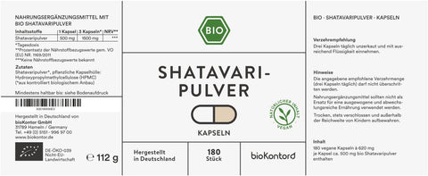 Shatavari Kapseln bio vegan 180 Stück Inhaltsstoffe Verzehrempfehlung