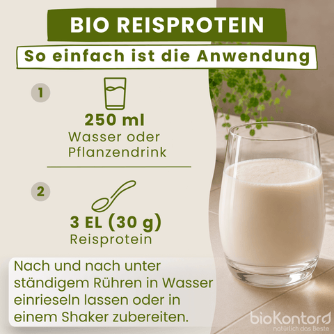 Verzehrempfehlung von bio Reisprotein in Wasser