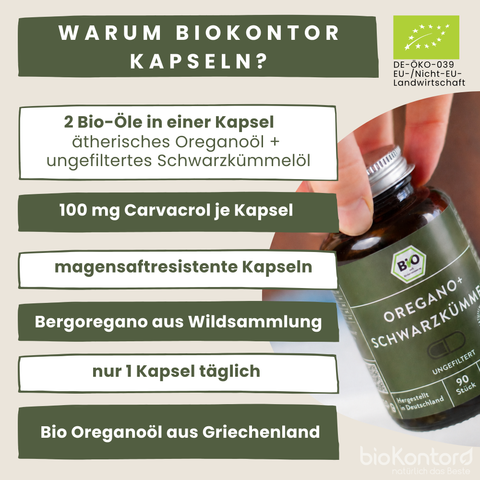Vorteile bio Schwarzkümmelöl ungefiltert und bio Oreganoöl in veganer Kapsel von bioKontor