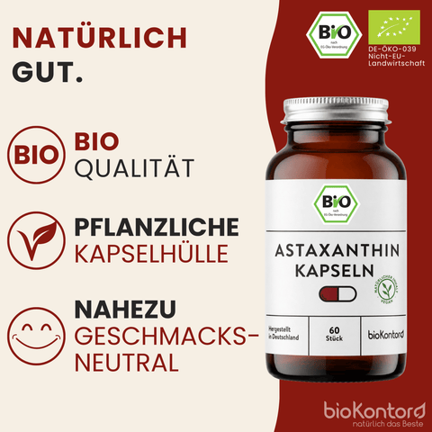 bioKontor Bio Astaxanthin Kapseln – pflanzliche Kapselhülle, Bio-Qualität und nahezu geschmacksneutral