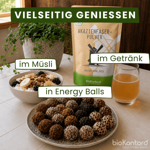 Rezeptideen zu bio Alazienfaserpulver im Müsli, als Getränk oder in Energy Balls 