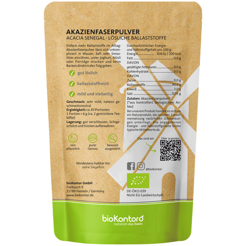 Bio Akazienfaserpulver Verpackung mit Verzehrempfehlung und Nährwerten von bioKontor