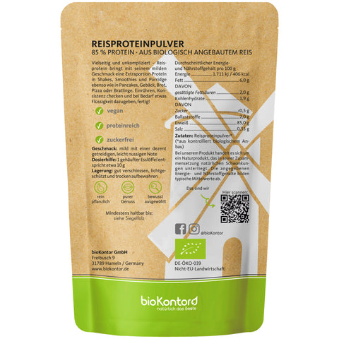 Bio Reisproteinpulver 85 % Isolat Verzehrempfehlung und Nährwertangaben bioKontor