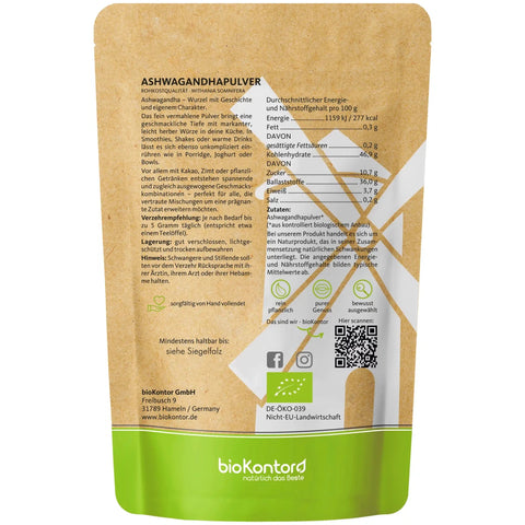 bio Ashwagandha Pulver in Rohkostqualität von biokontor - Verpackungsrückseite mit Nährwerten