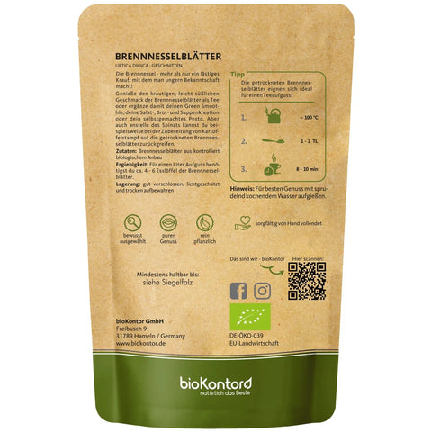bio Brennesselblättertee von biokontor - Verpackungsrückseite mit Verzehrempfehlung