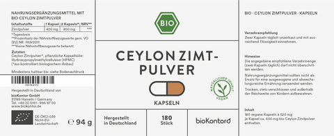 Bio Ceylon Zimtpulver Kapseln - vegan - bioKontor