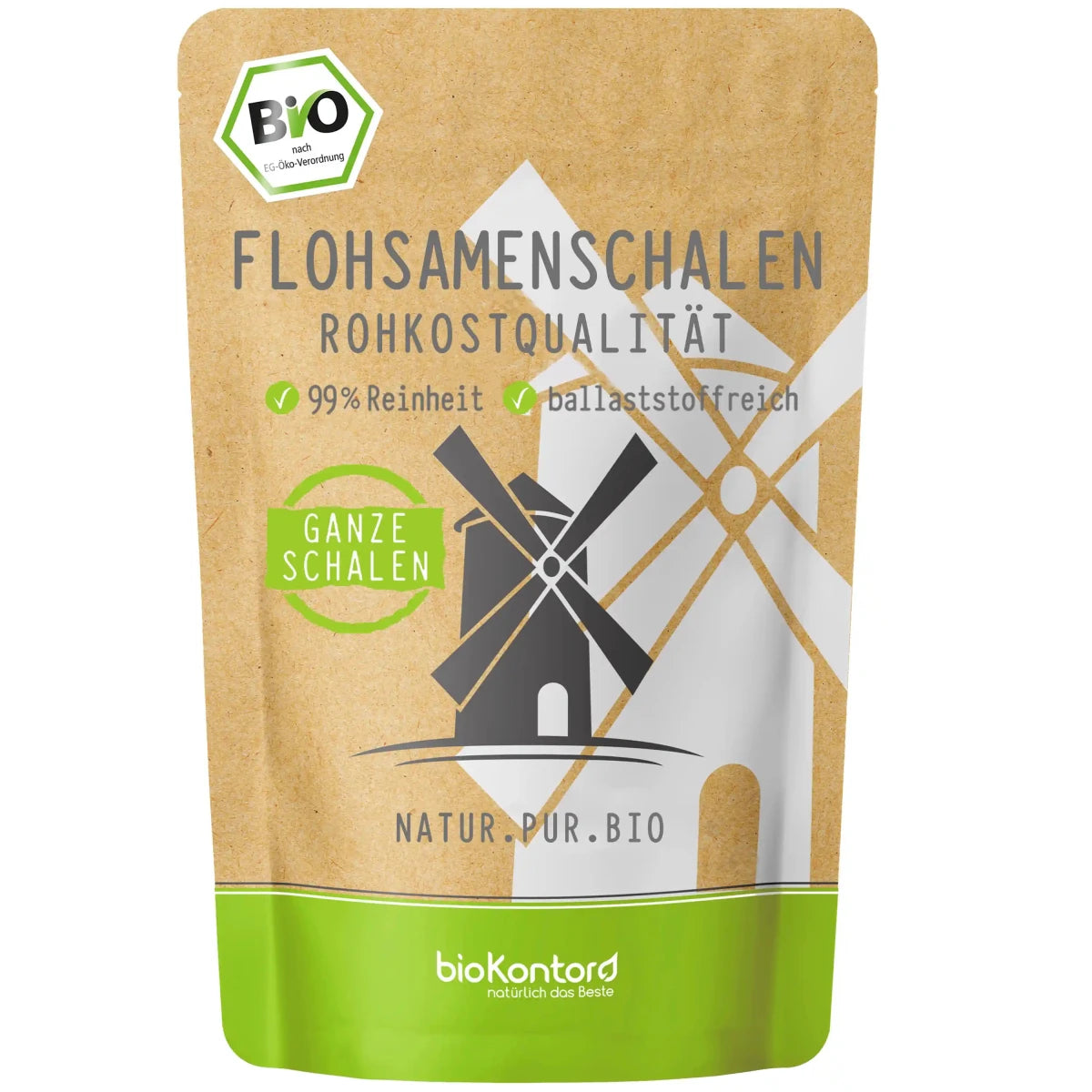 bio Flohsamenschalen ganz in Rohkostqualität von biokontor - Produktverpackung Vorderseite
